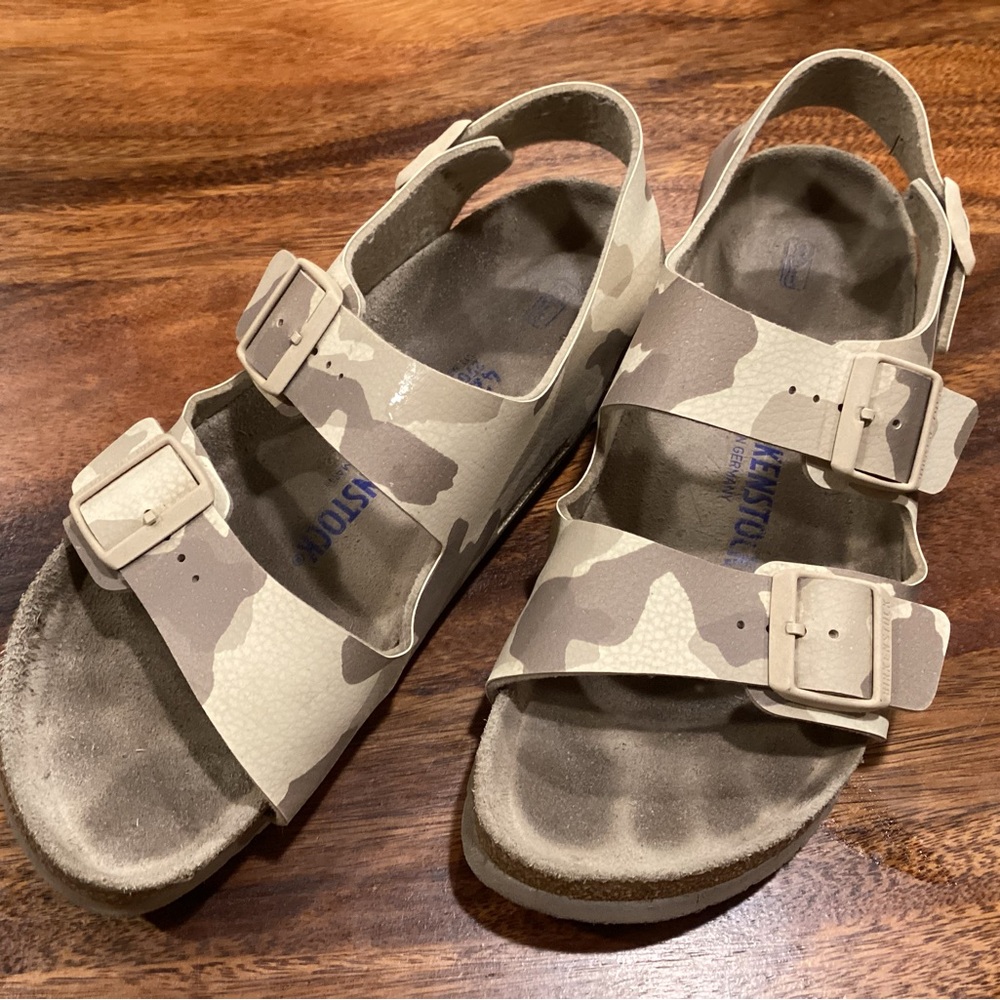 Birkenstock Tan and Brown Sandals with Two-Strap Design. Euro 42 size.